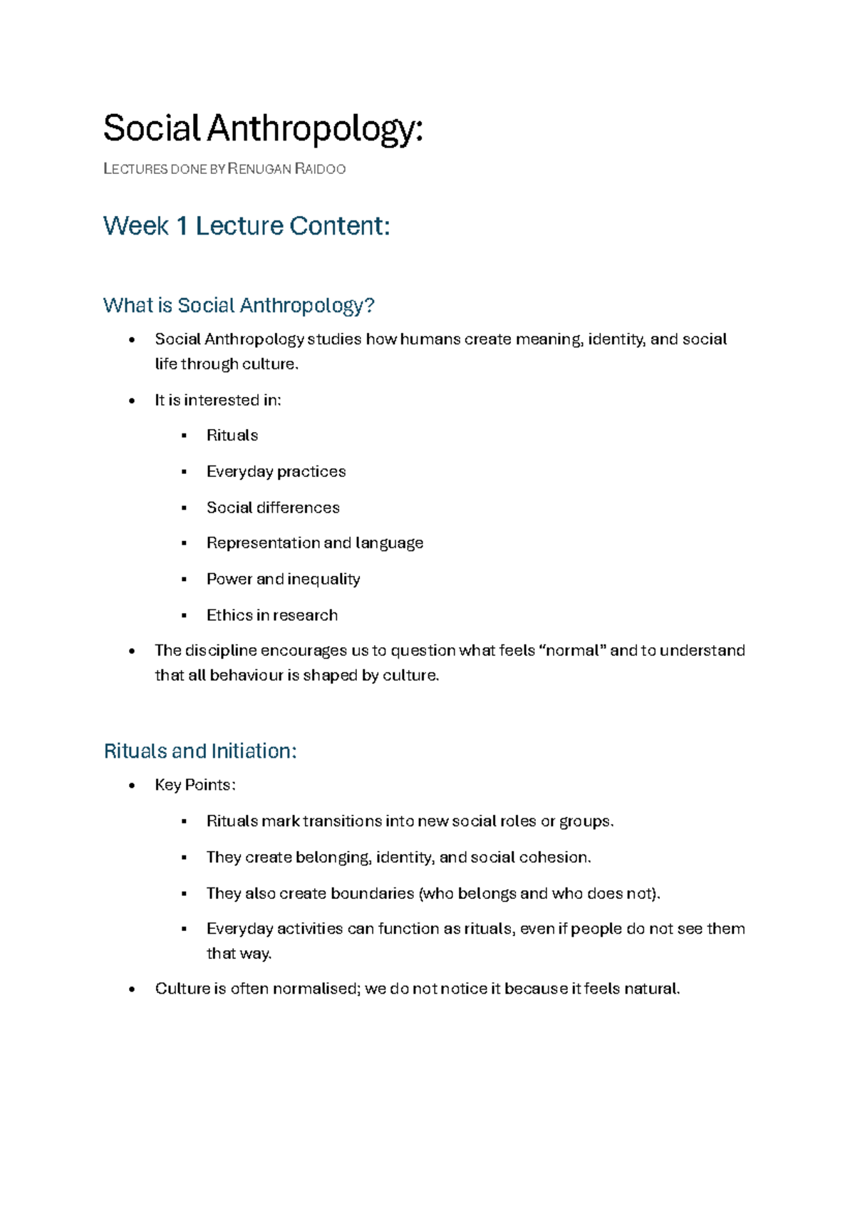 SOC 101: Social Anthropology - Week 1 Lecture Notes - Studocu