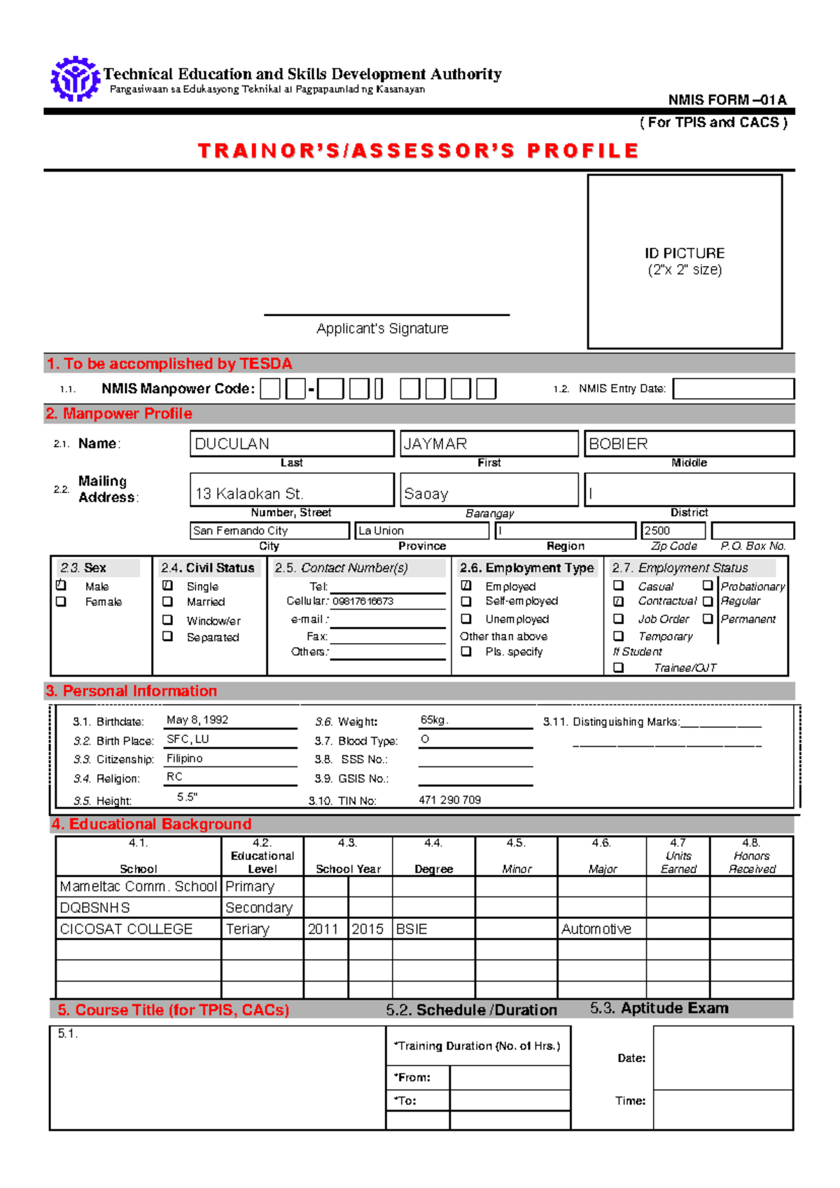 TESDA NMIS Final Profile Form for TPIS and CACS - Studocu