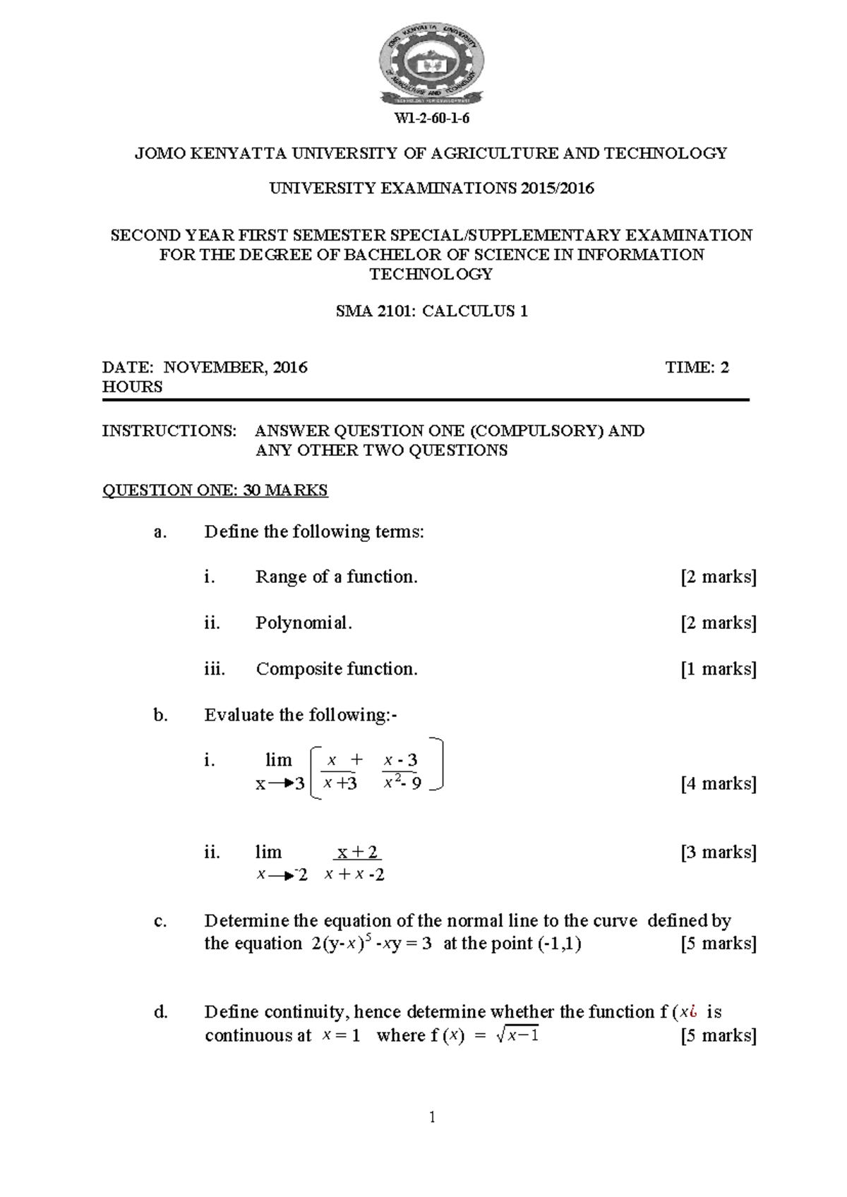 SMA 2101: Calculus 1 - Special/Supplementary Exam Guide - Studocu