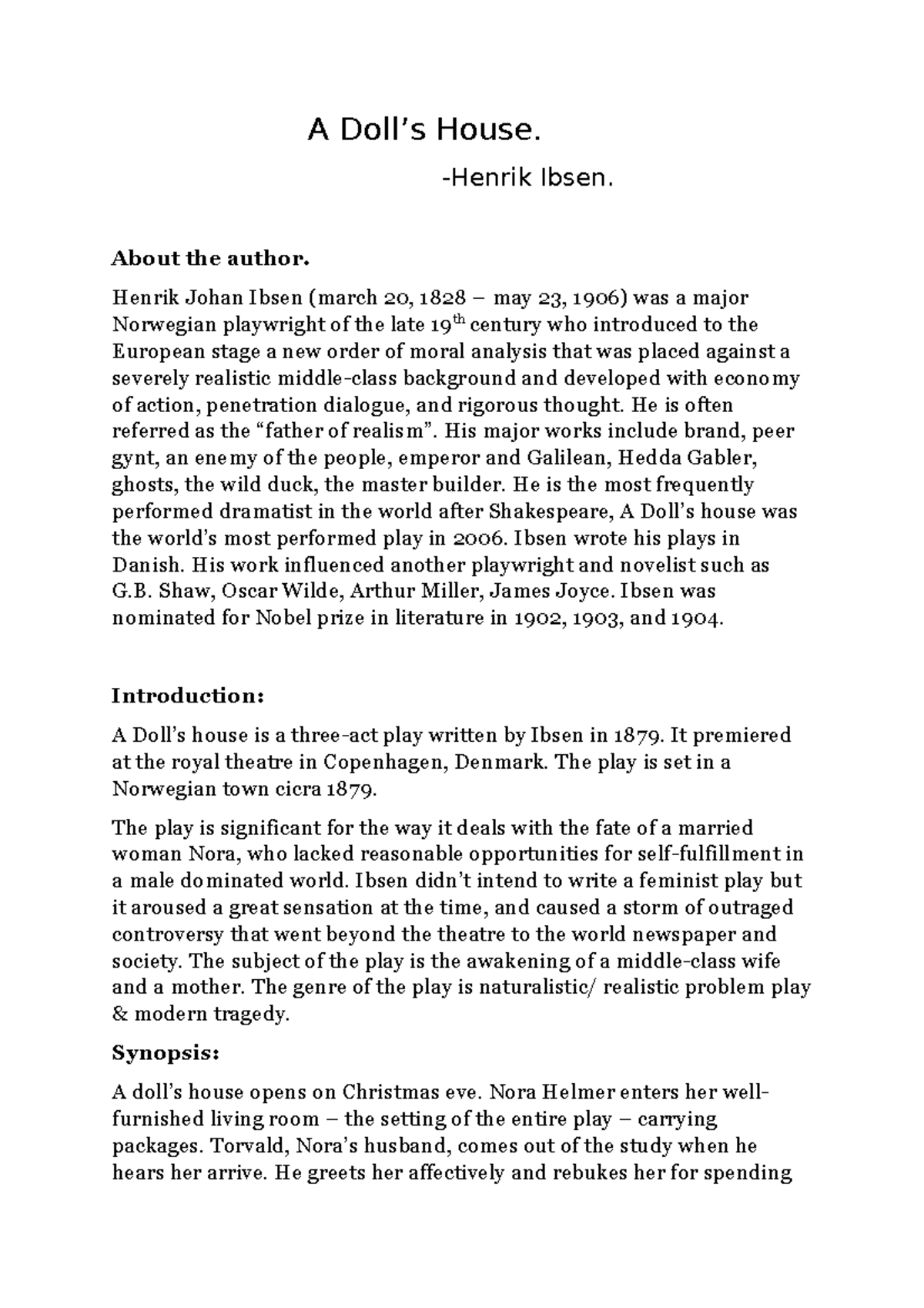A Doll's House (H. Ibsen) - Key Themes and Analysis Notes - Studocu