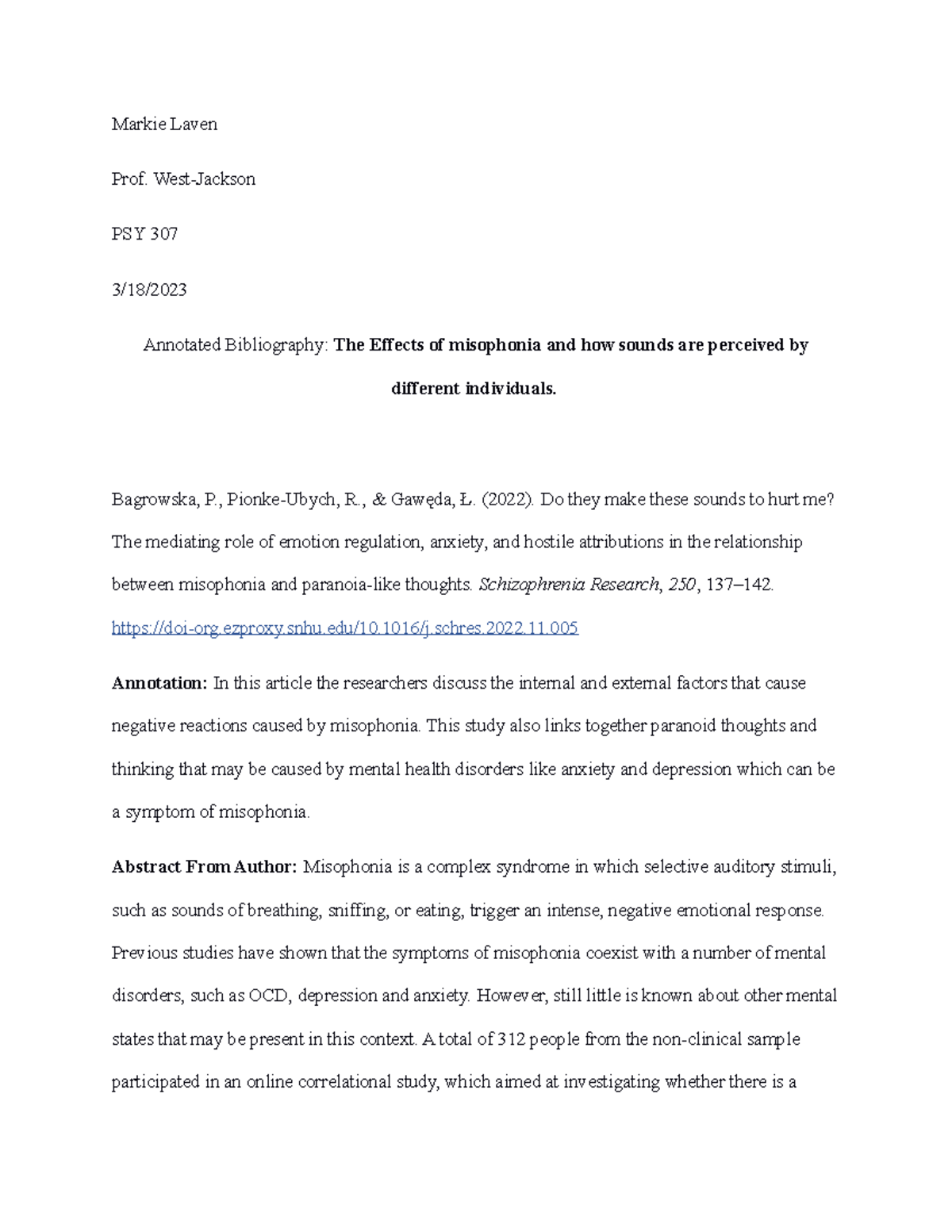 PSY 307 3 2 Annotated Bibliography - Markie Laven Prof. West-Jackson ...