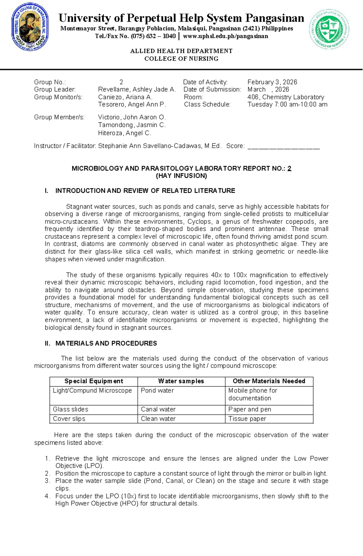 Microbiology & Parasitology Lab Report No. 2: Hay Infusion Study - Studocu