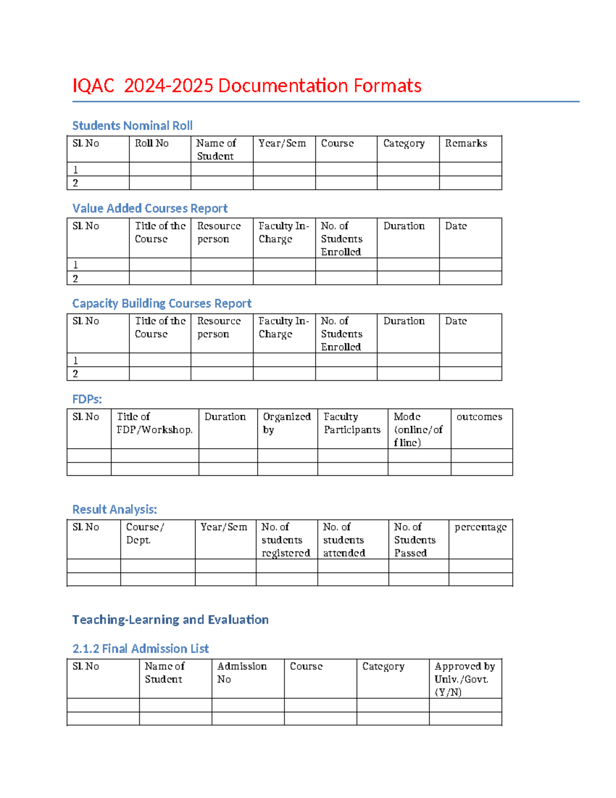 IQAC Documentation Formats - Student Enrollment & Course Reports - Studocu