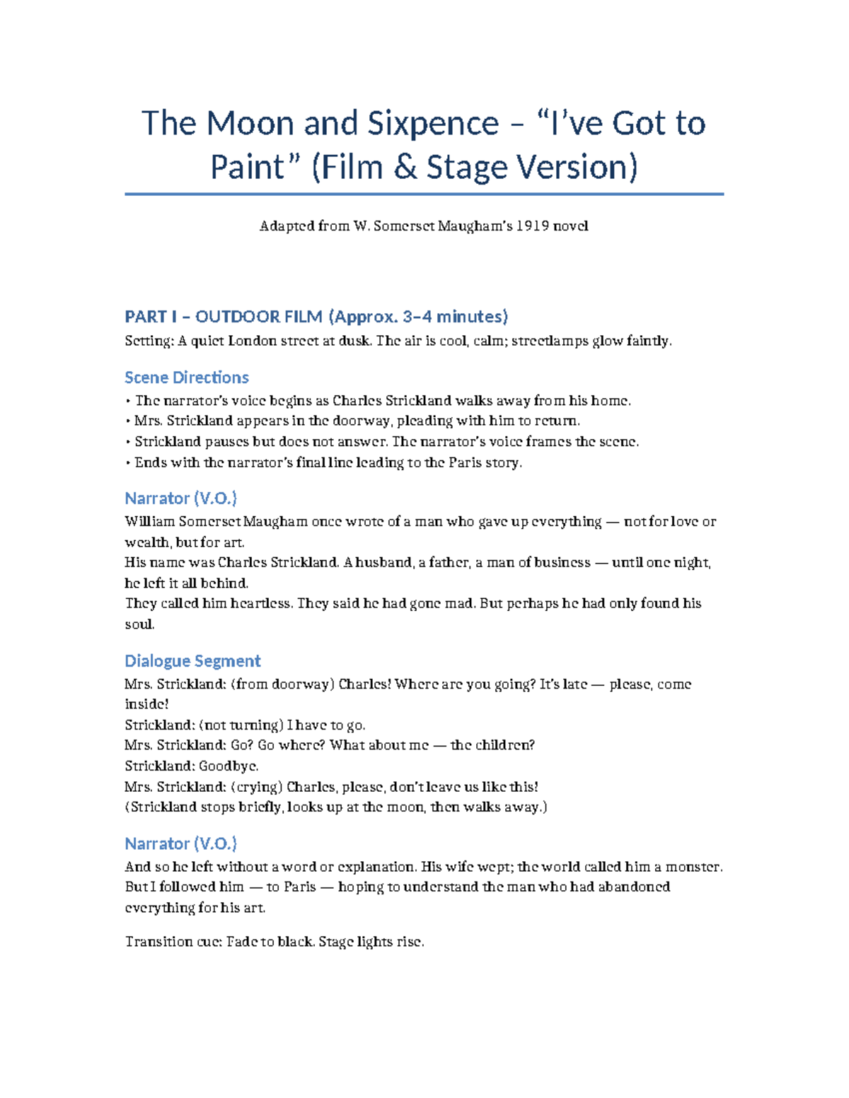 The Moon and Sixpence (1919) Film Stage Script Adaptation - Studocu