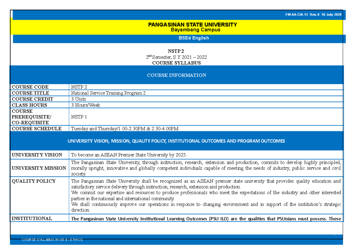 NSTP 2 Syllabus for 2nd Semester S.Y. 2021-2022 Overview - Studocu