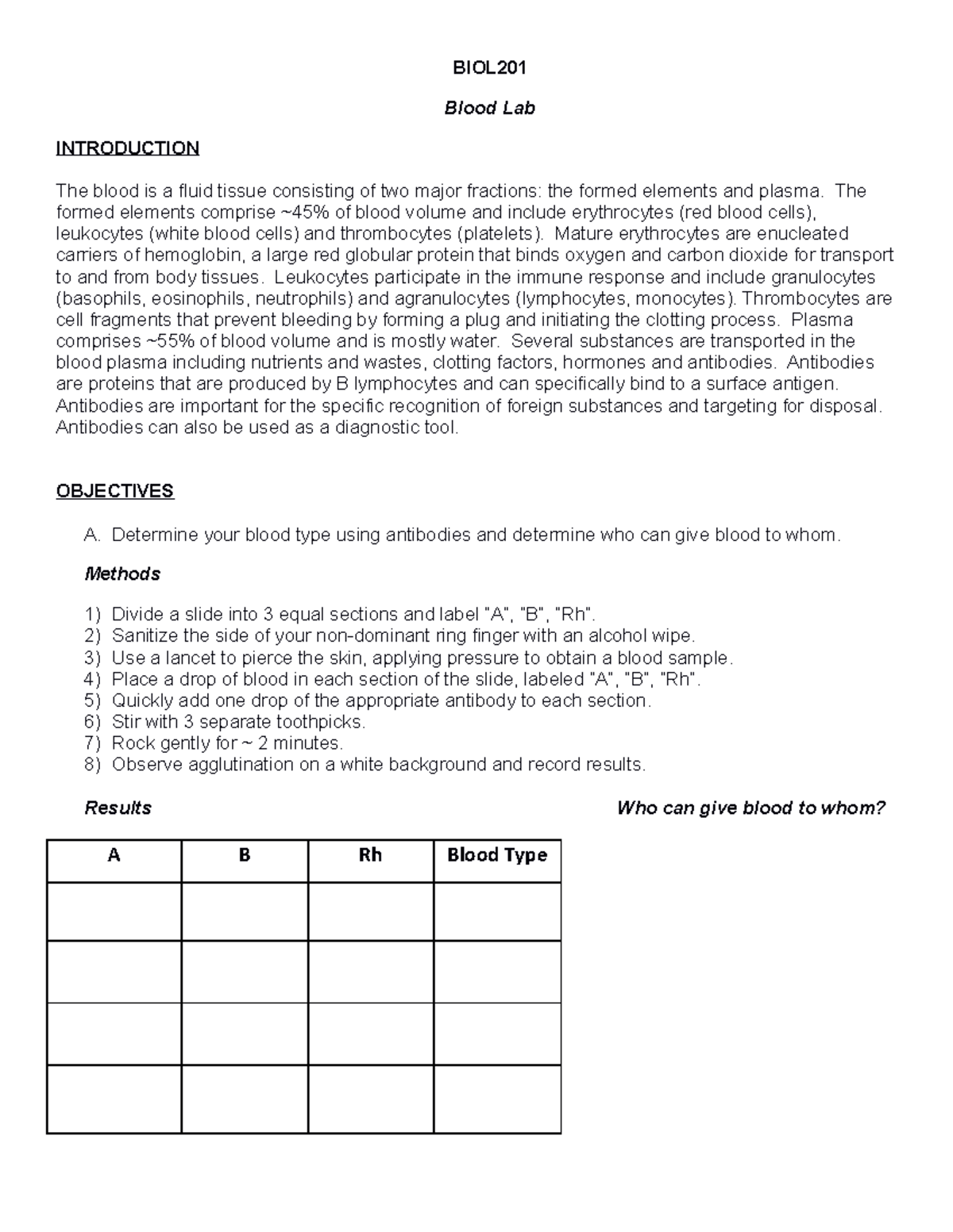 BIO201 Blood Lab Rev Methods - BIOL Blood Lab INTRODUCTION The blood is ...