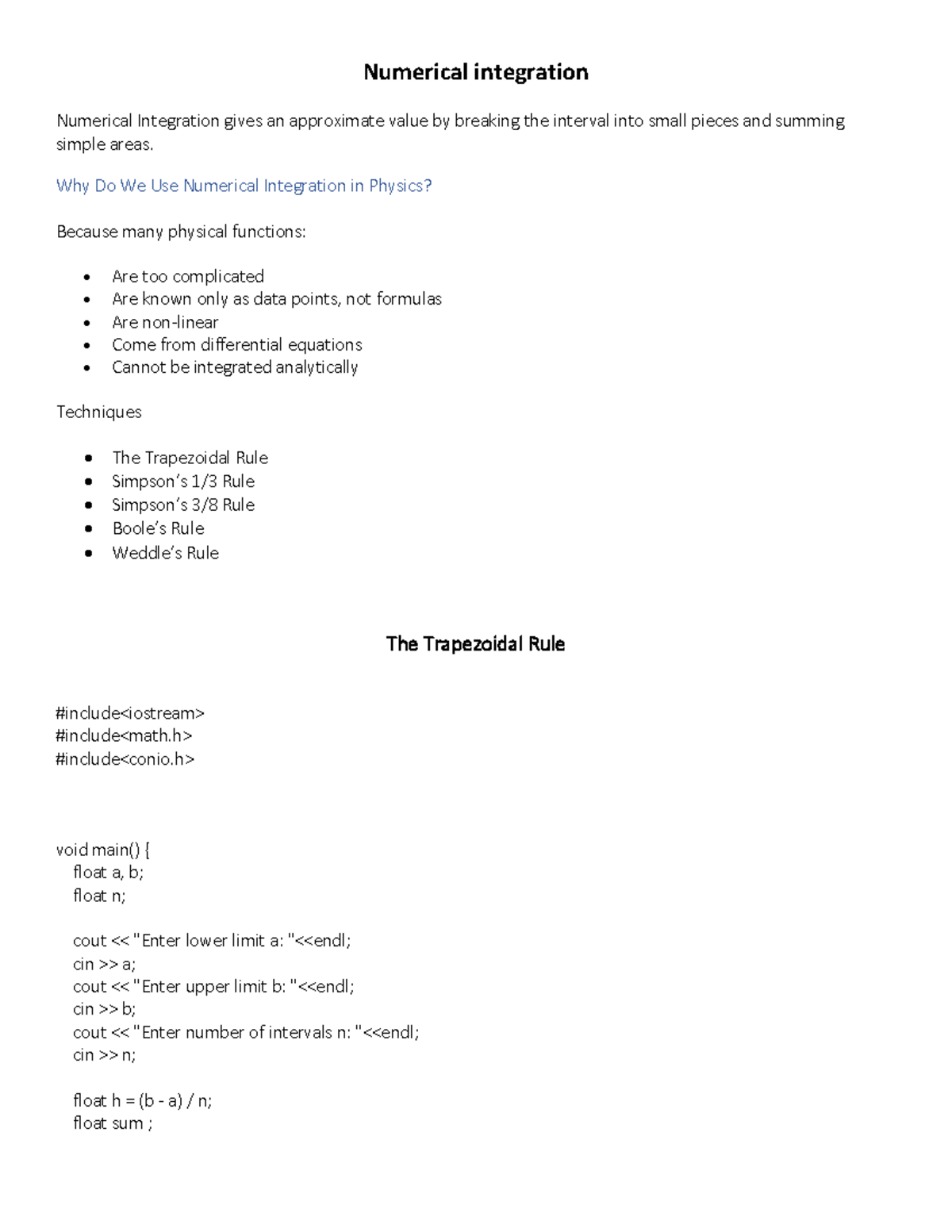 Numerical Integration Techniques for Physics Applications (Course Code ...
