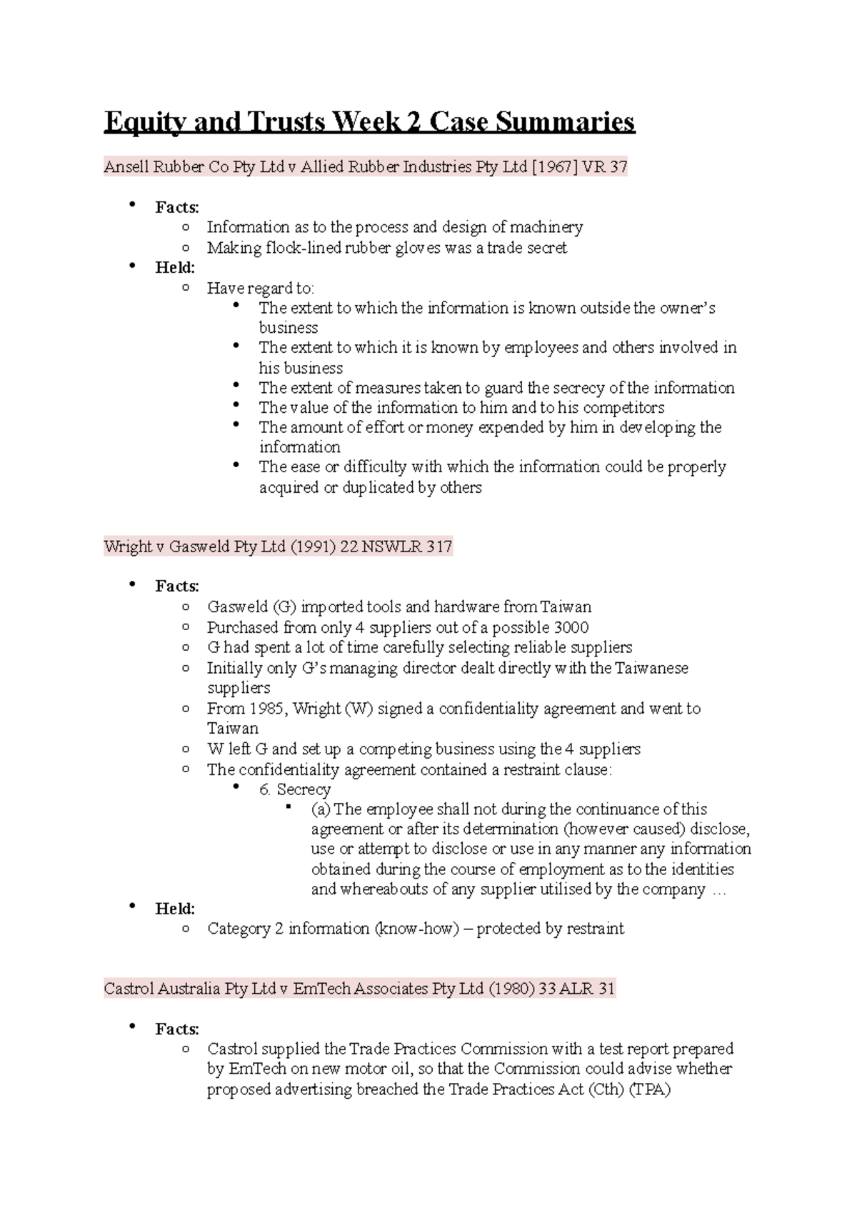 Equity and Trusts Wk 2: Key Case Summaries and Legal Principles - Studocu