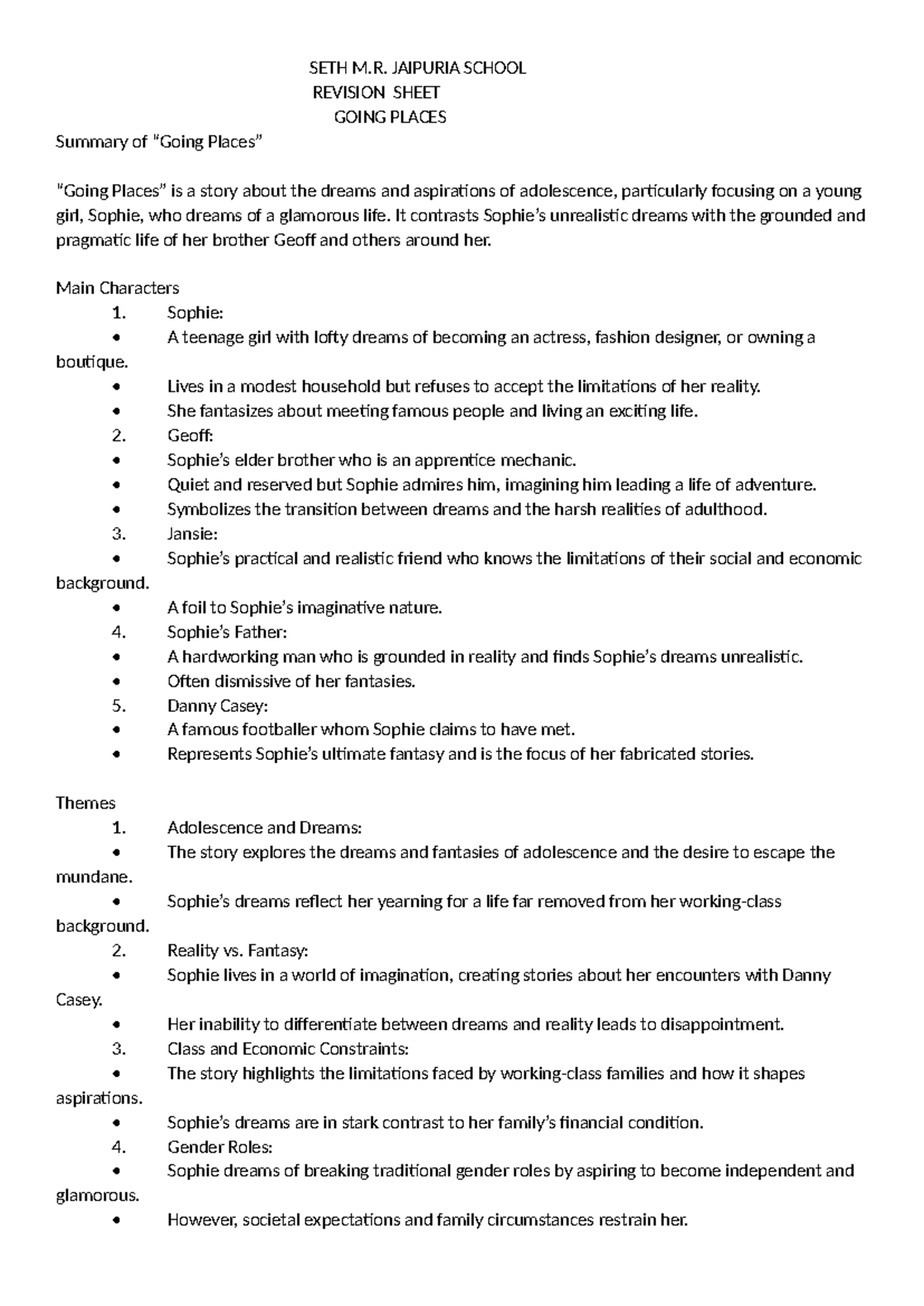 Going Places Revision Sheet - SETH M. JAIPURIA SCHOOL REVISION SHEET ...