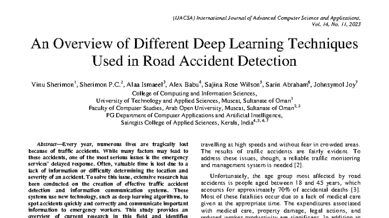 Deep Learning Techniques for Road Accident Detection (IJACSA) - Studocu