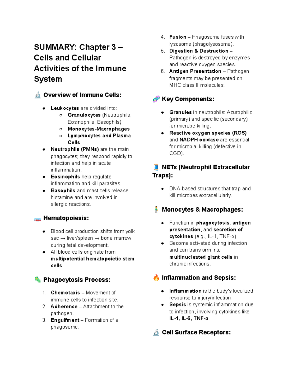 SUMMARY: Chapter 3 - Cells & Activities of the Immune System (BIO 101 ...