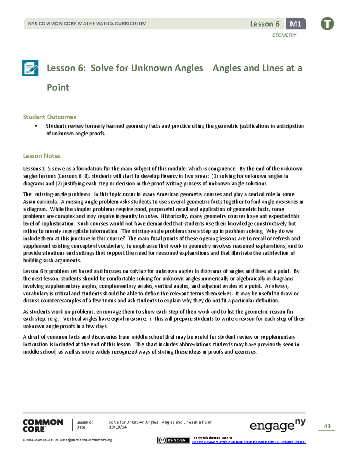 Lesson 6: Solve for Unknown Angles and Lines at a Point - M1 Geometry ...