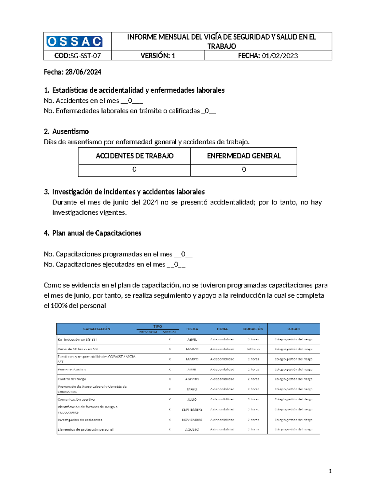 Informe Mensual de Seguridad y Salud en el Trabajo - Jun 2024 (SG-SST ...