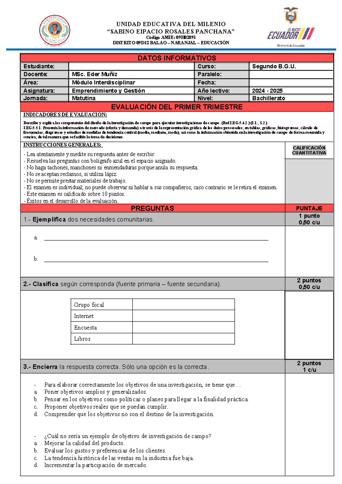 2do B.G.U. Emprendimiento - Evaluación del Primer Trimestre - Document Preview