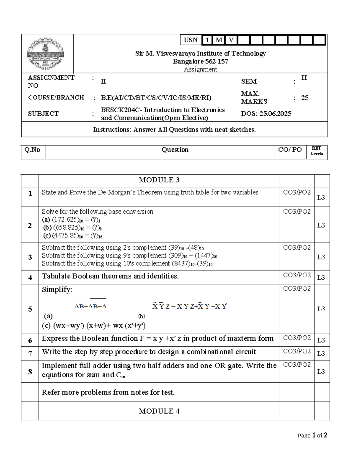 USN 1 M V Assignment 2: Intro to Electronics & Comm II Sem - Studocu