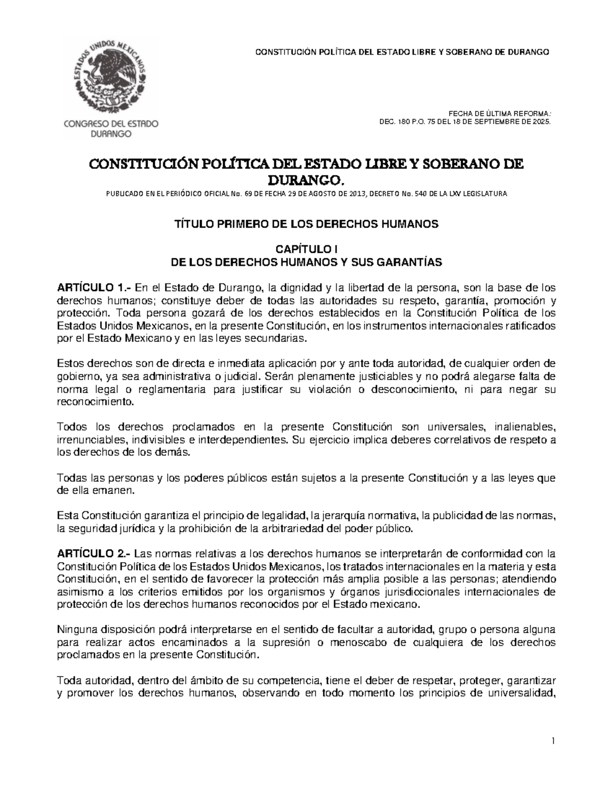 Constitución Política del Estado Libre y Soberano de Durango (Reforma ...
