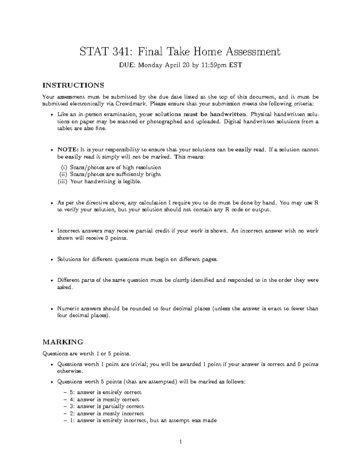 STAT 341: Take Home Final Assessment Instructions for Winter 2025 - Studocu