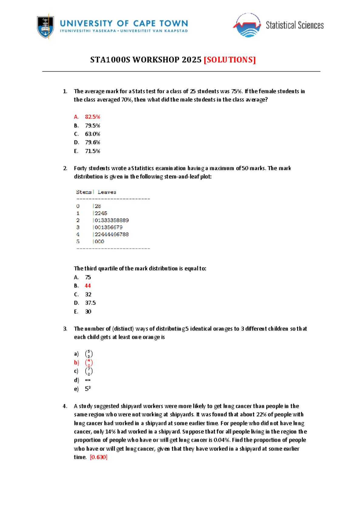 STA1000S Workshop 2025 Solutions: Stats Test & Exam Questions - Studocu