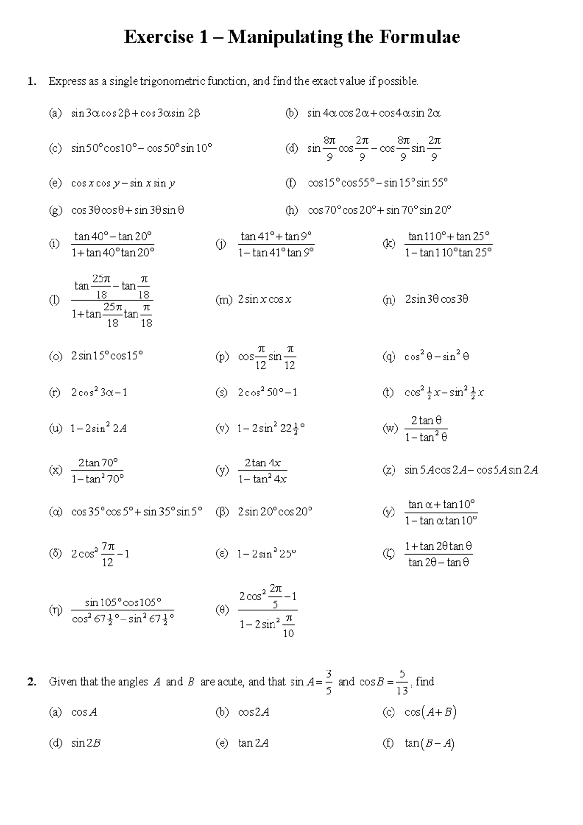 Manipulating the Formulae 1: Trigonometric Functions and Values - Studocu