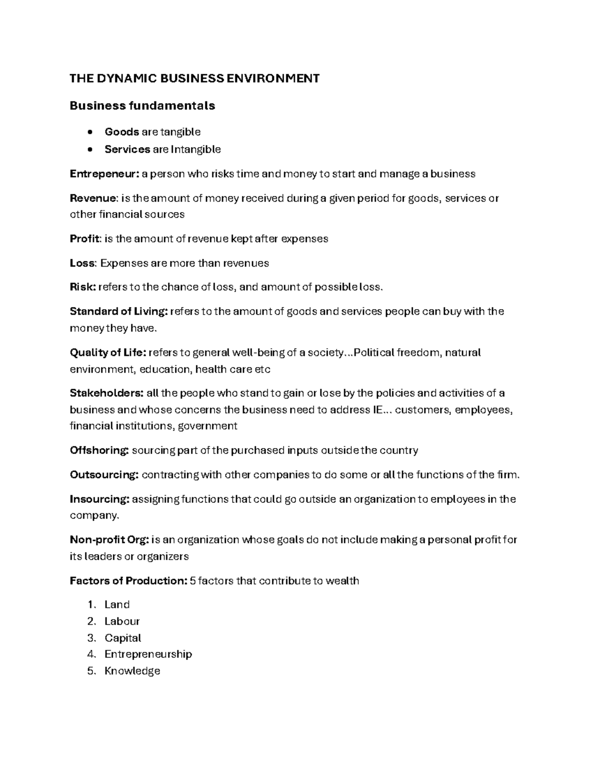 CH 1 Notes: Understanding the Dynamic Business Environment - Studocu