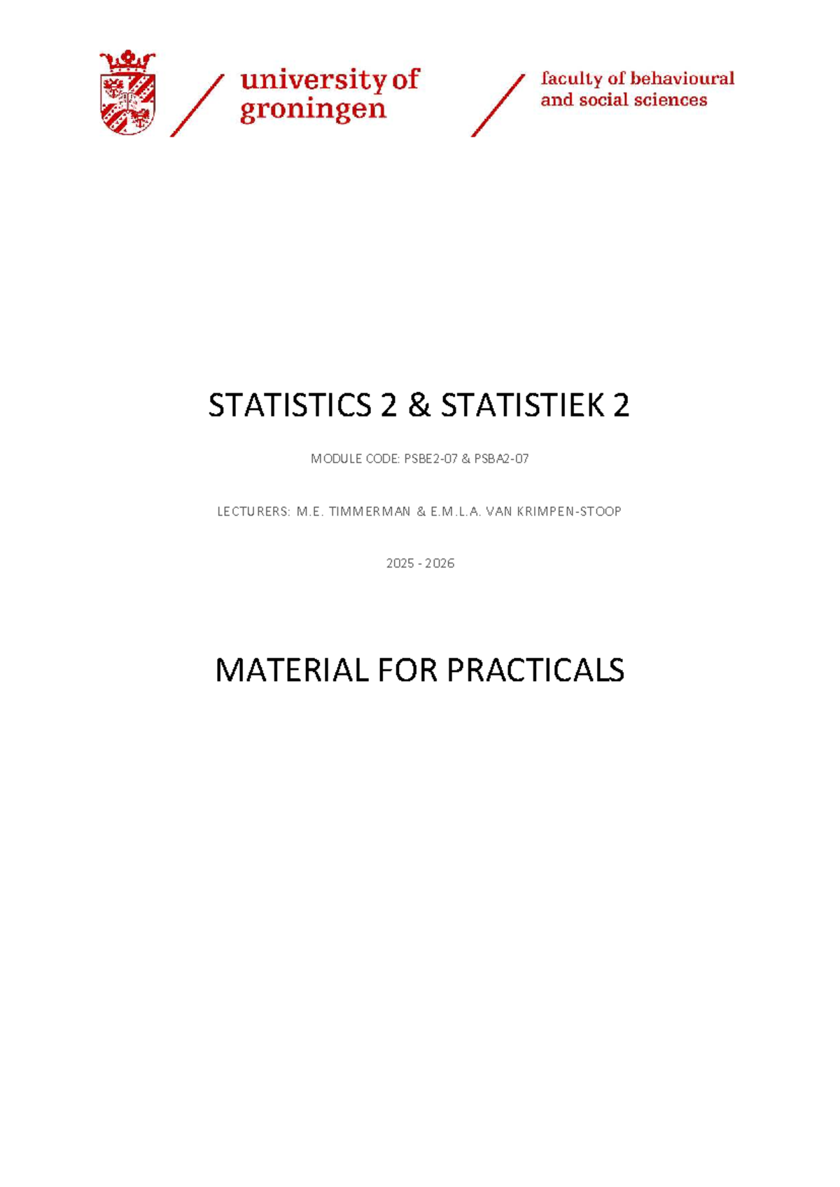 Practicals for Statistics 2 (STATISTICS 2) - 2025/2026 - Studeersnel