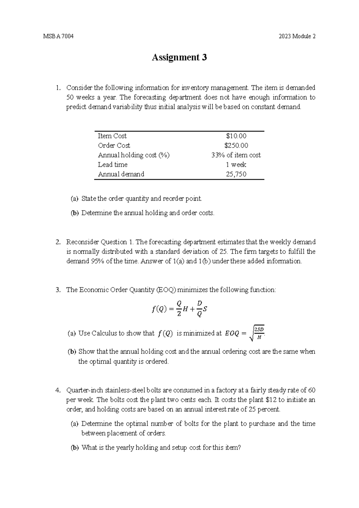 MSBA7004 2023 - Detailed Analysis for Assignment 3 on Inventory ...