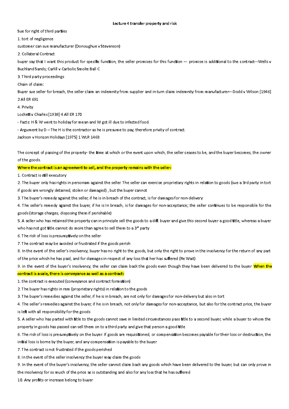 Lecture 4: Transfer Properties and Risks - Key Legal Principles - Studocu