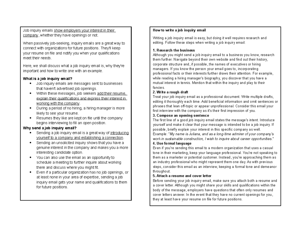 LCC113 - Job Inquiry Emails: Crafting Effective Messages for Employers ...