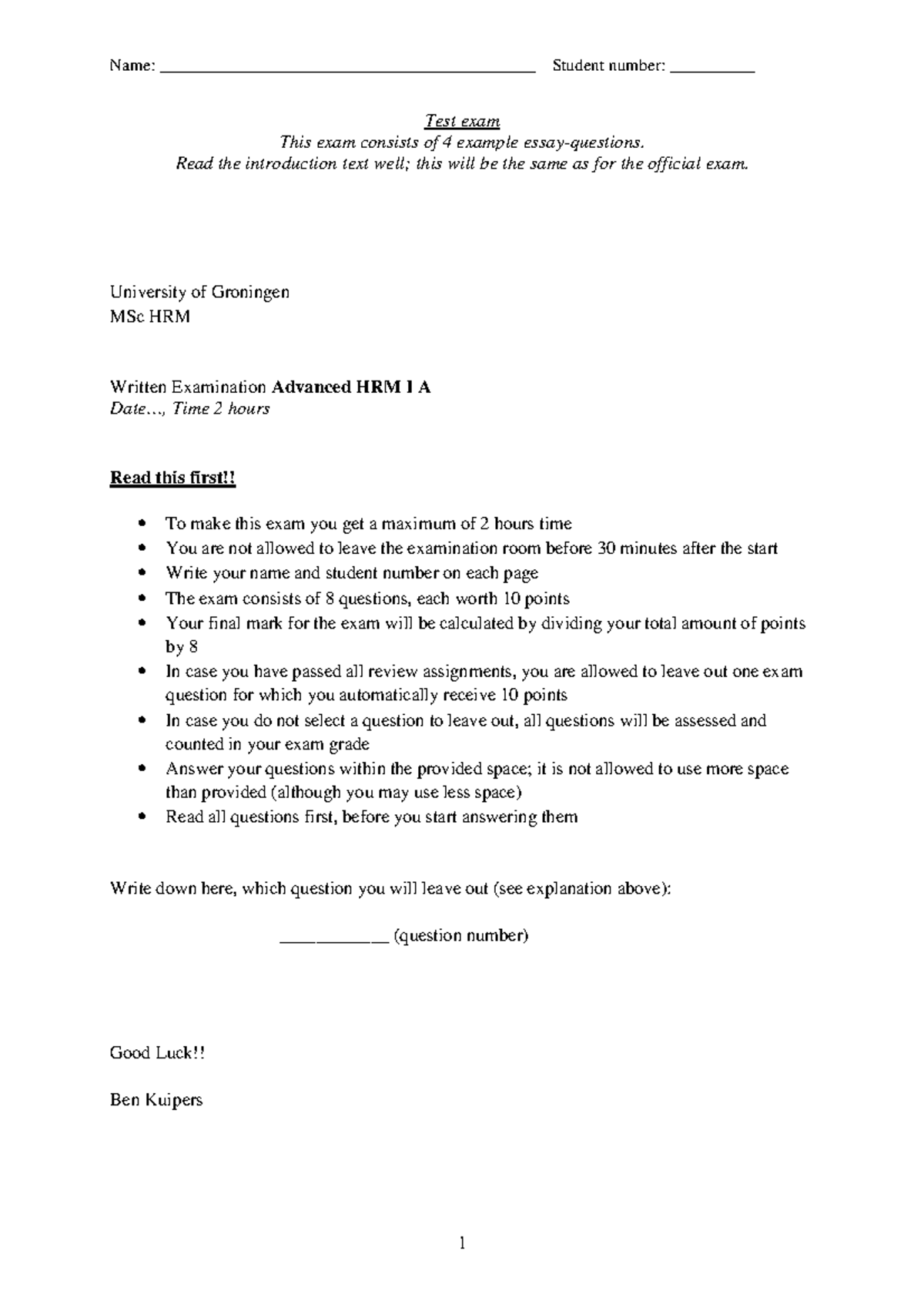 MSc HRM Exam Questions - Advanced HRM I A - Jan 18, 2013 - Studeersnel