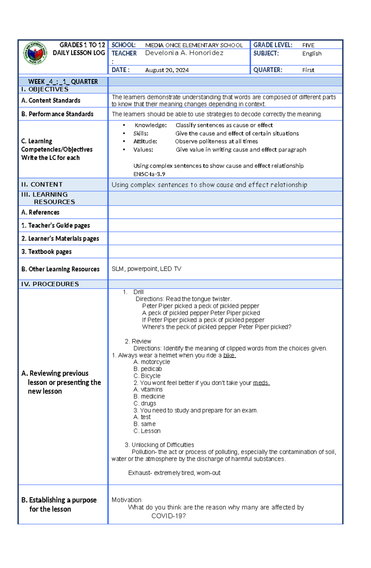 DLL COT english-q1 -w4 - GRADES 1 TO 12 DAILY LESSON LOG SCHOOL: MEDIA ...
