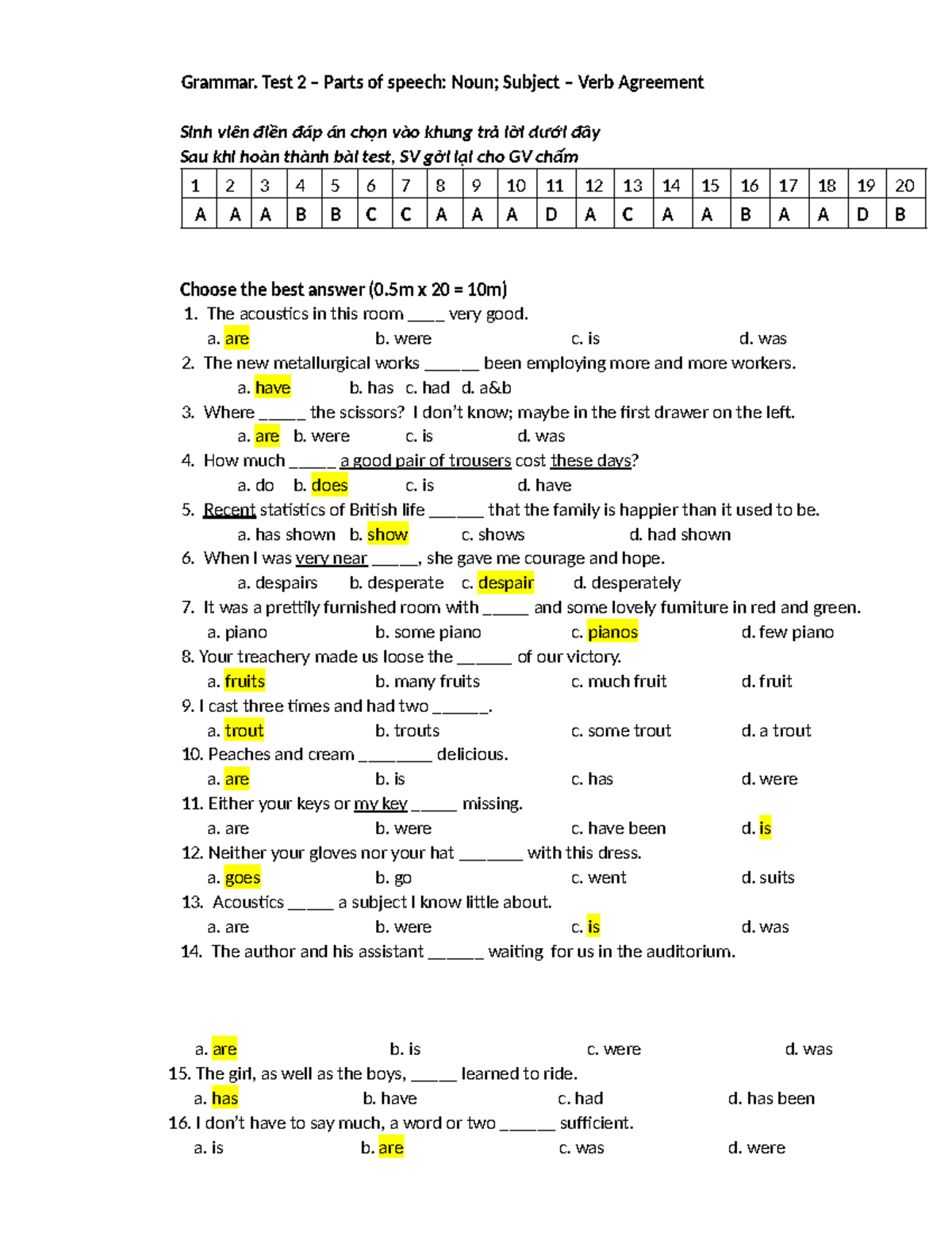 Grammar Test 2: Parts of Speech & Subject-Verb Agreement - Studocu