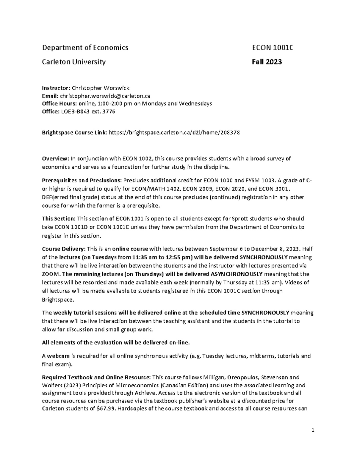 Intro to microeconomics Syllabus - Department of Economics ECON 1001C ...