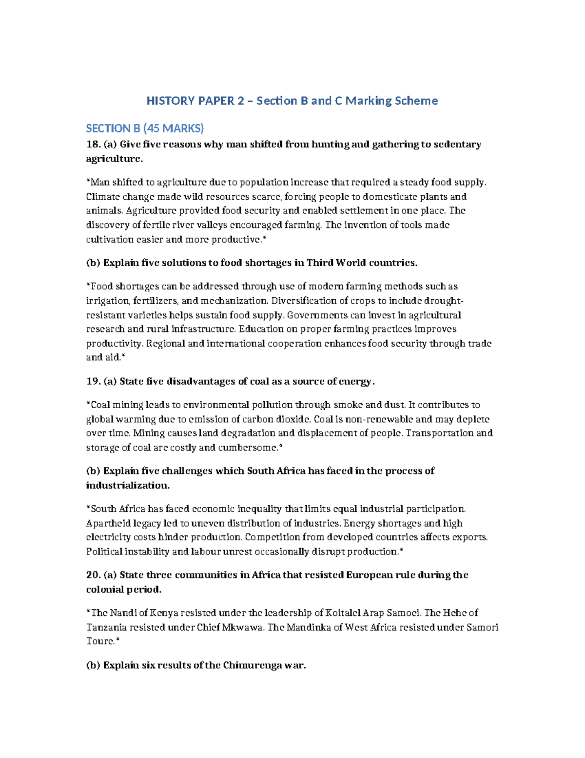 HISTORY 2: Marking Scheme for Paper 2 Sections B & C - Studocu