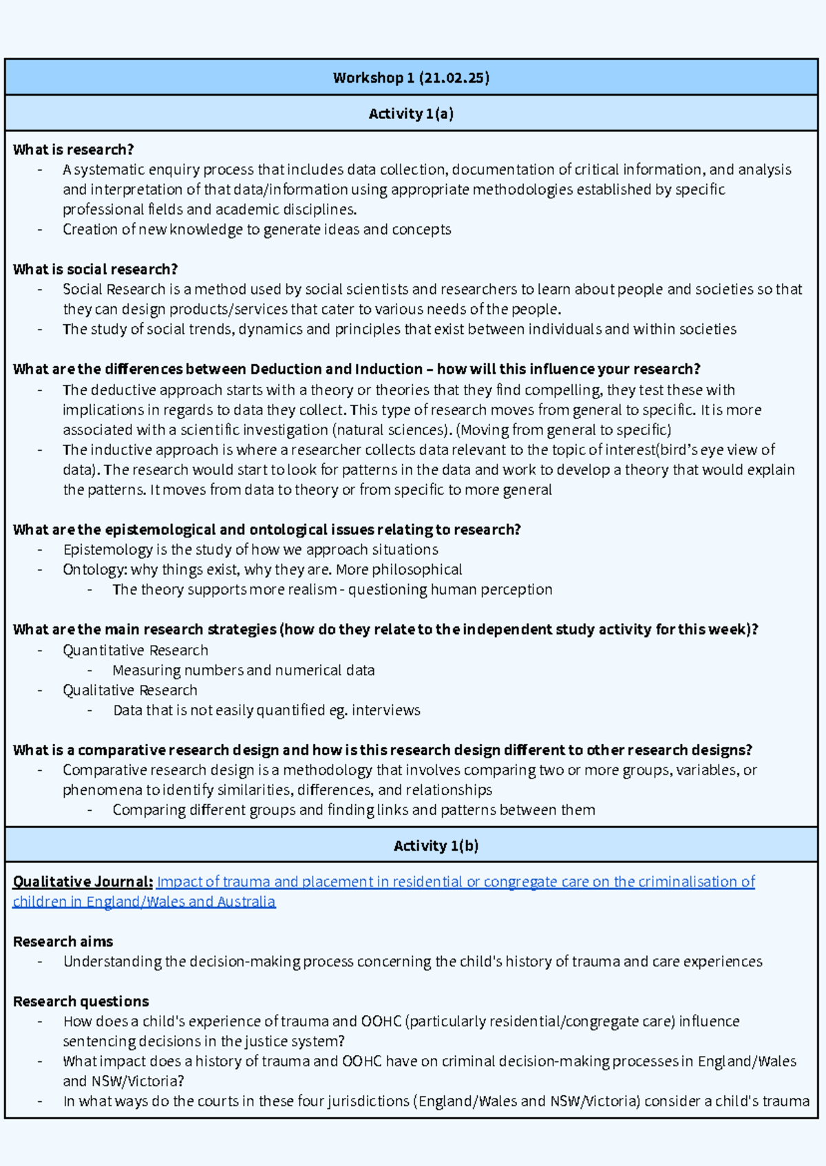 Research Methods for Social Sciences: Workshop Notes (Wk 1-4) - Studocu
