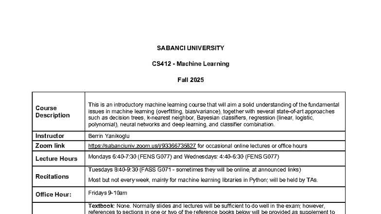 CS412 Machine Learning Syllabus - Fall 2025 - Studocu