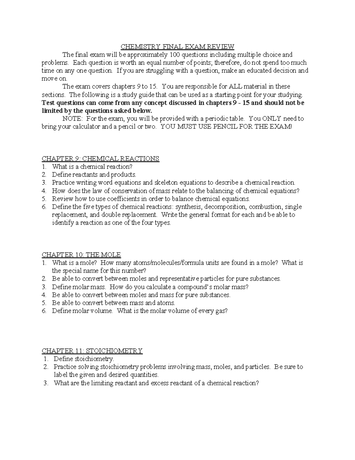 CHEM 101 FINAL EXAM REVIEW: Chapters 9-15 Study Guide - Studocu