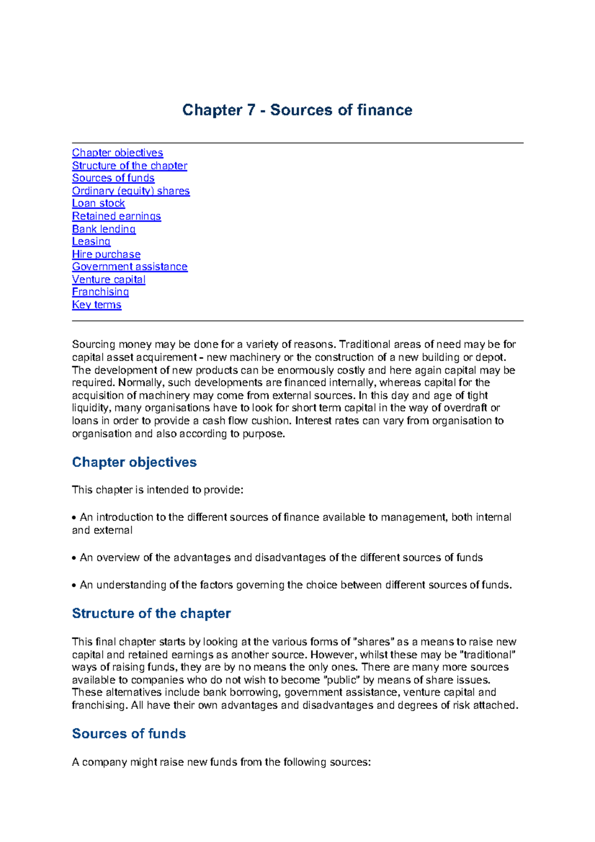 Chapter 7: Sources of Finance and Their Uses in Business - Studocu