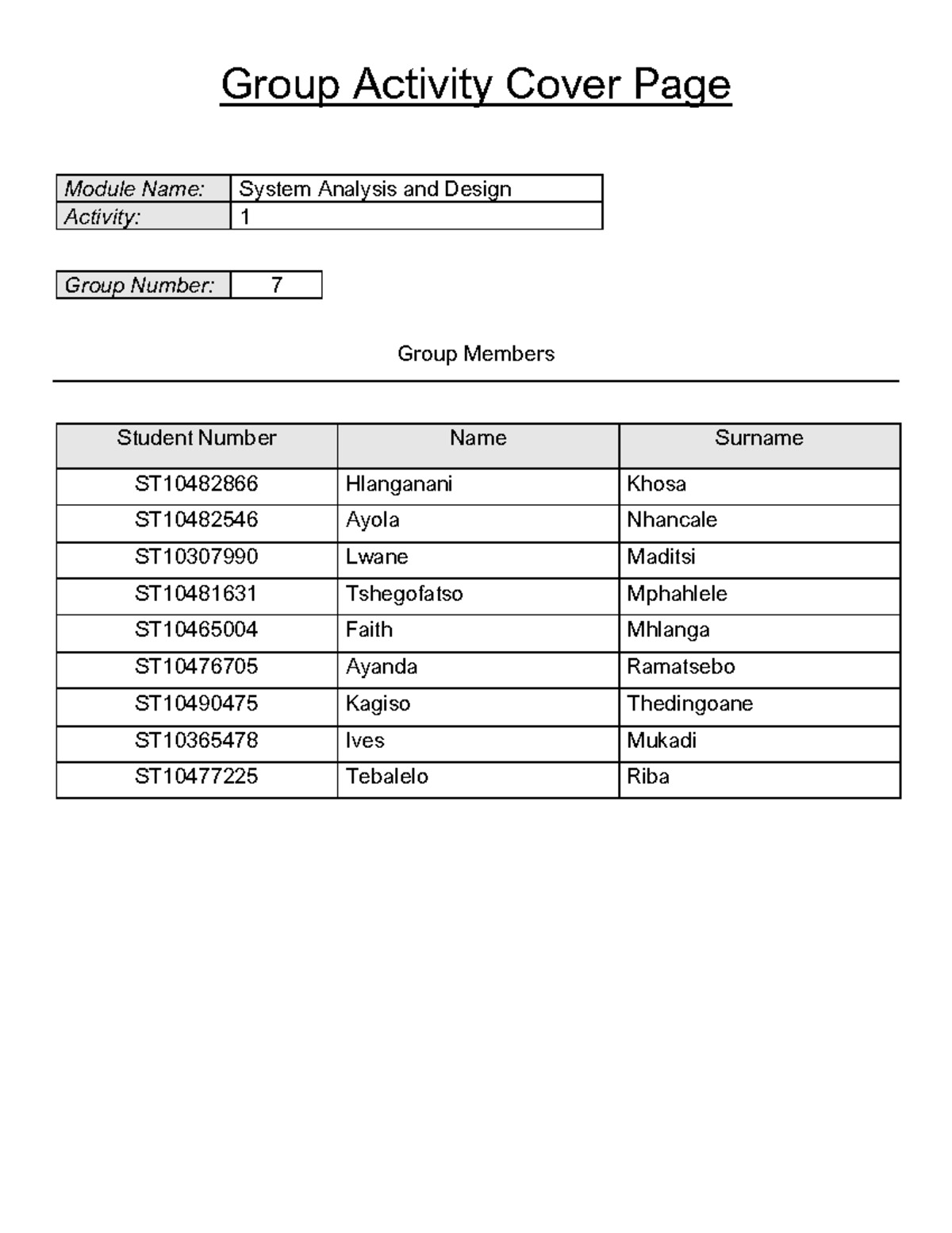 SAND 1 Group 7 Activity Cover Page: System Analysis & Design - Studocu