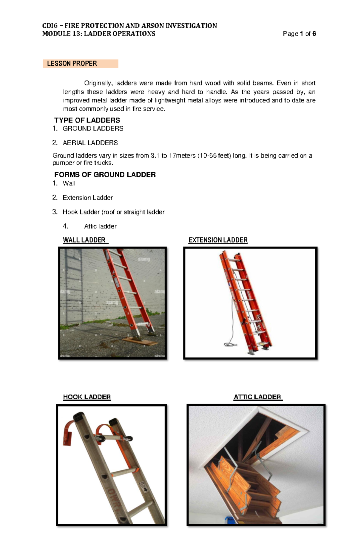 CDI6 FIRE PROTECTION & ARSON INVESTIGATION: MODULE 13 - LADDER ...