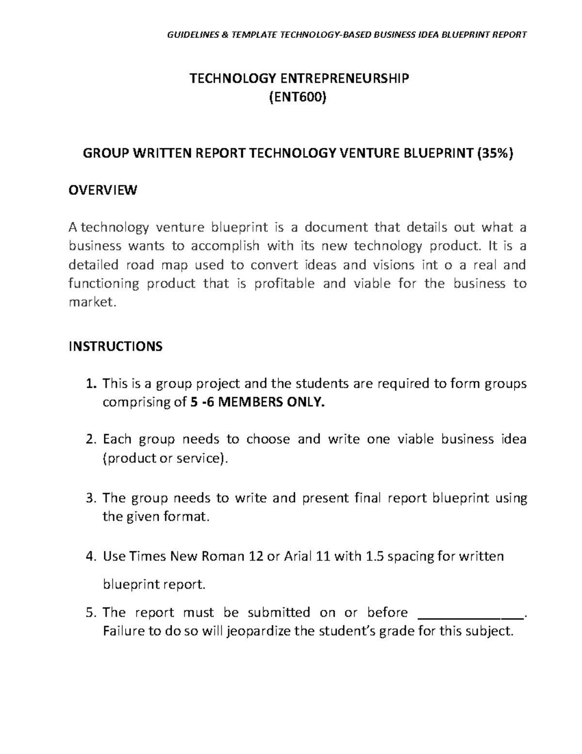 ENT600 Technology Venture Blueprint Guidelines & Template Report - Studocu