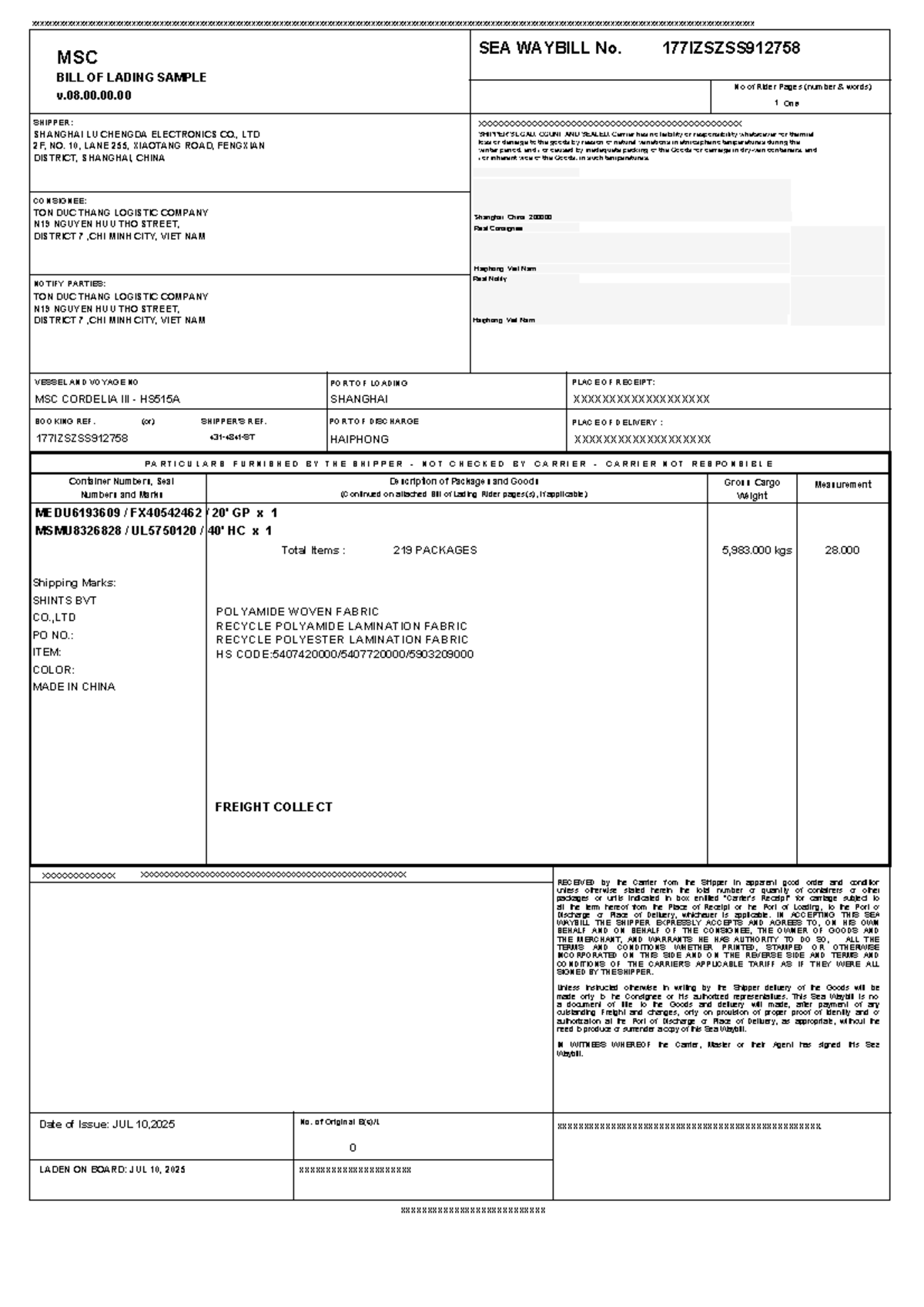 SEA WAYBILL Sample - MBL - UP DAI A (v.08.00.00.00) - Studocu