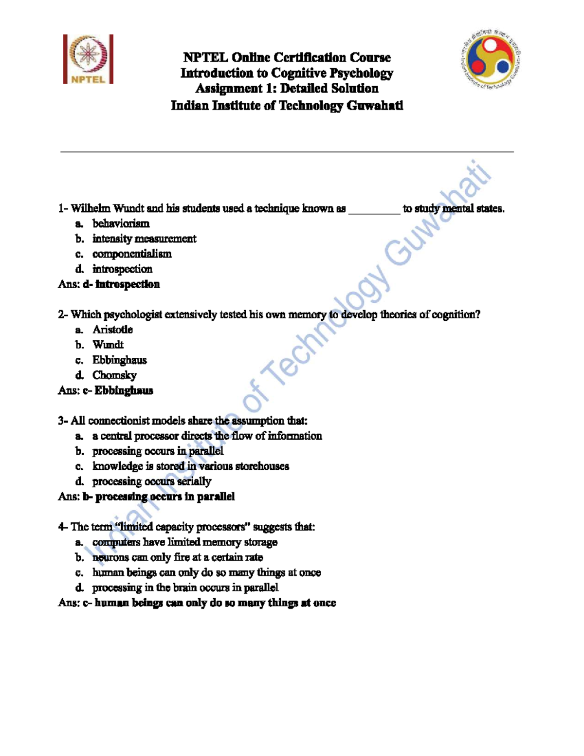 NPTEL S Introduction to Cognitive Psychology Week 1 Assignment ...