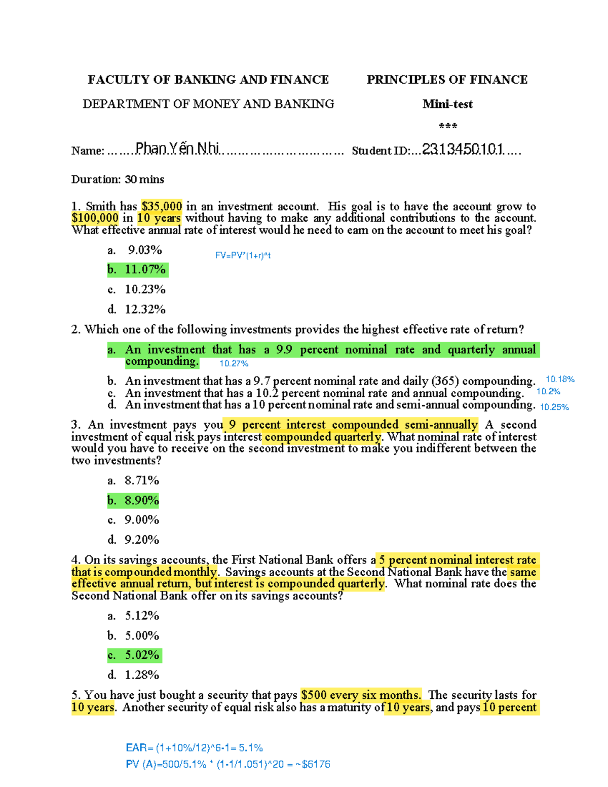 Mini-Test - Principles of Finance (FIN 101) with Cô Linh - Studocu