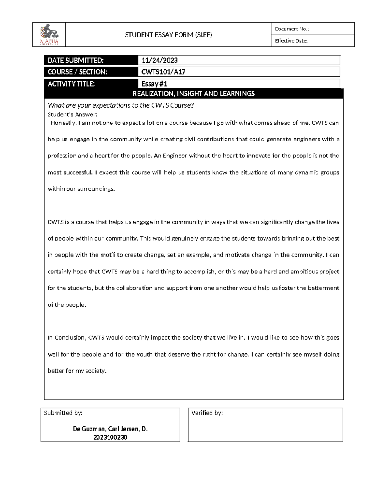 Form - CWTS101 Essay #1 - STUDENT ESSAY FORM (StEF) Document No ...