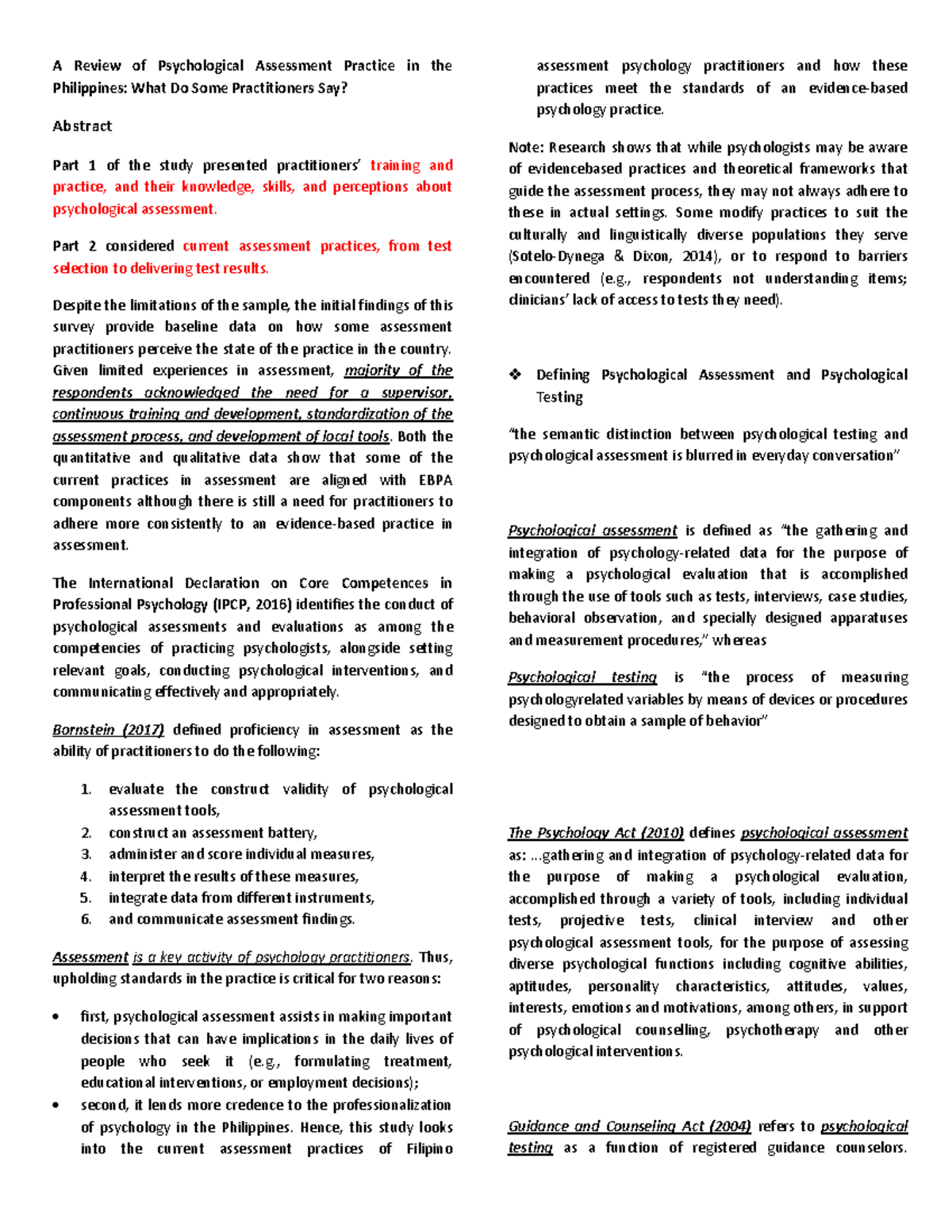 Psychological Assessment Practices in the Philippines: A Review - Studocu