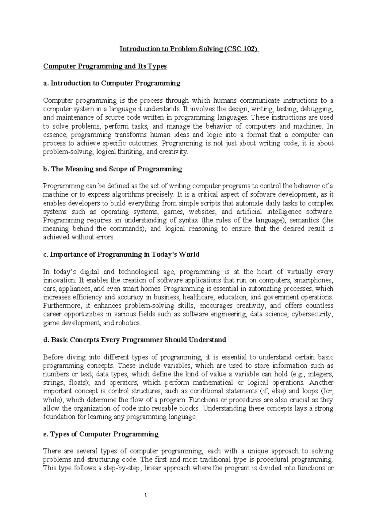 Introduction to Problem Solving in Computer Science (CSC 102) - Studocu