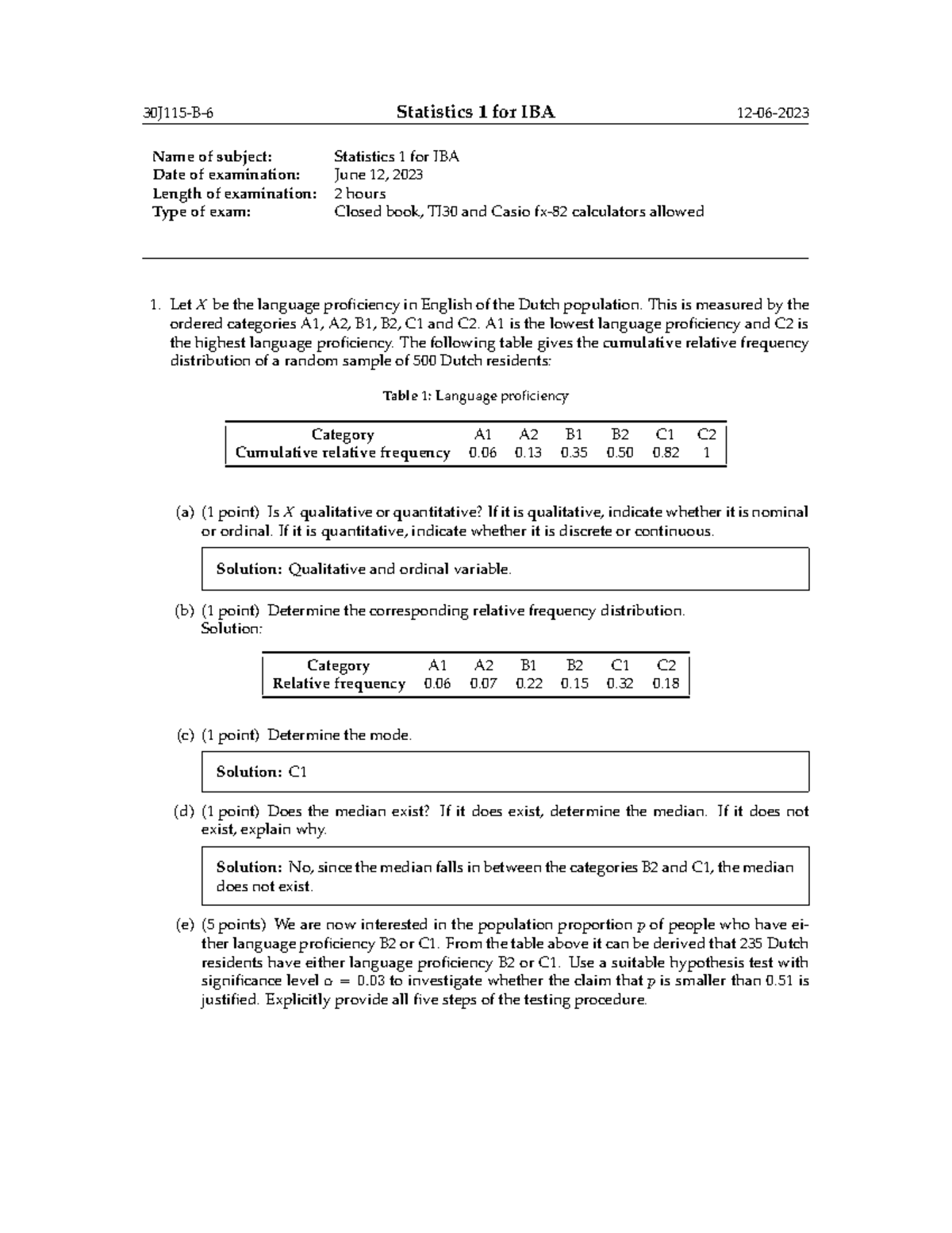 Final Exam Solutions for Statistics 1 (IBA) - June 2023 - Studeersnel