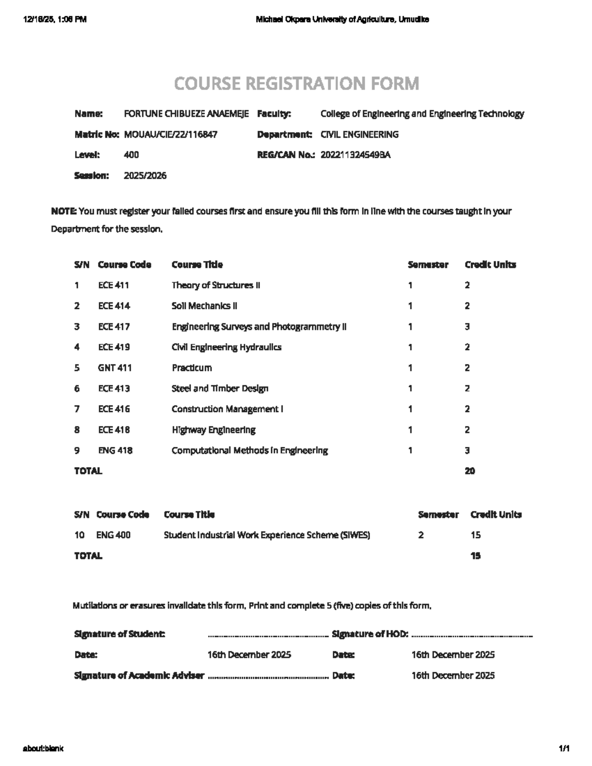 Fortune Chibueze Anaemeje's 400L Course Registration Form - Studocu