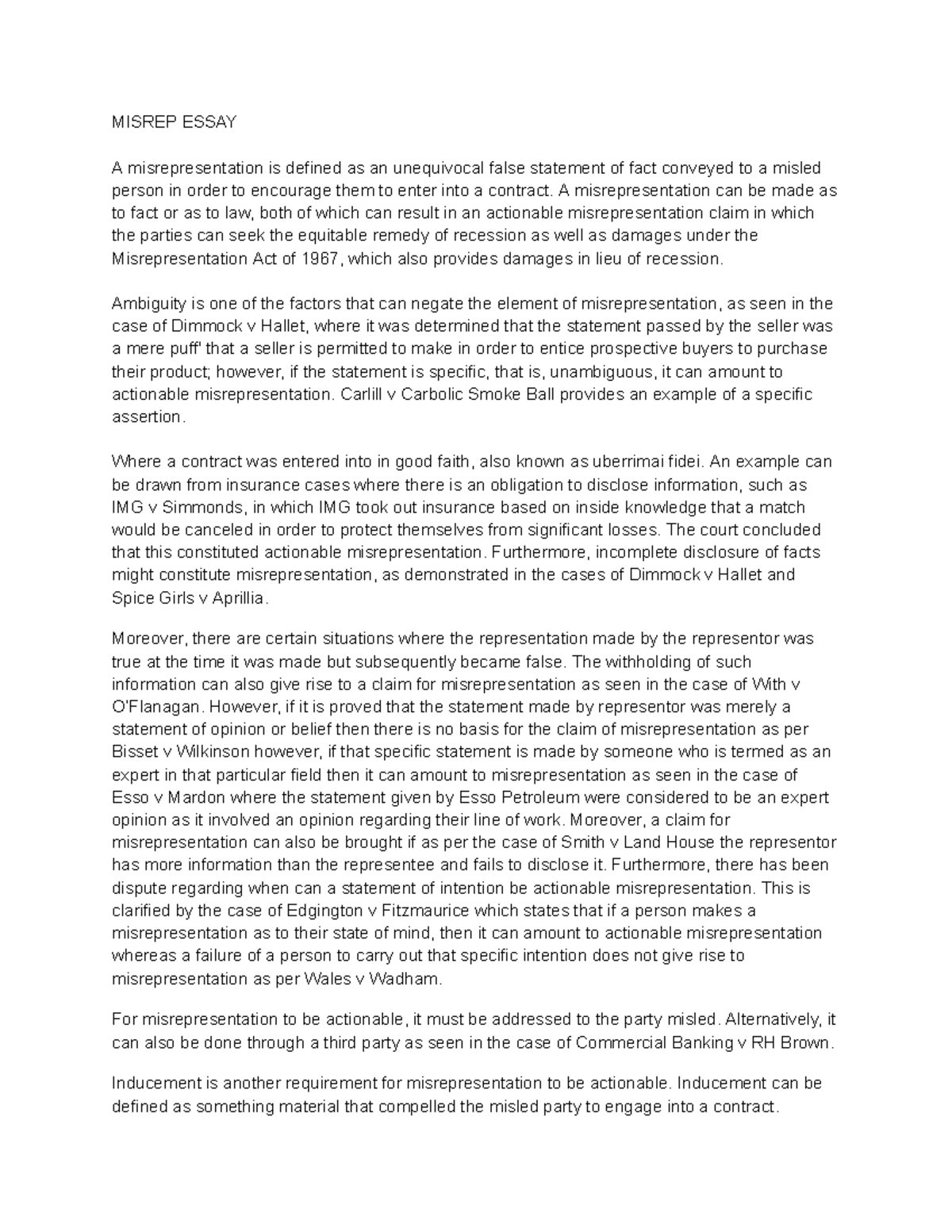 Misrep Essay - MISREP ESSAY A misrepresentation is defined as an ...