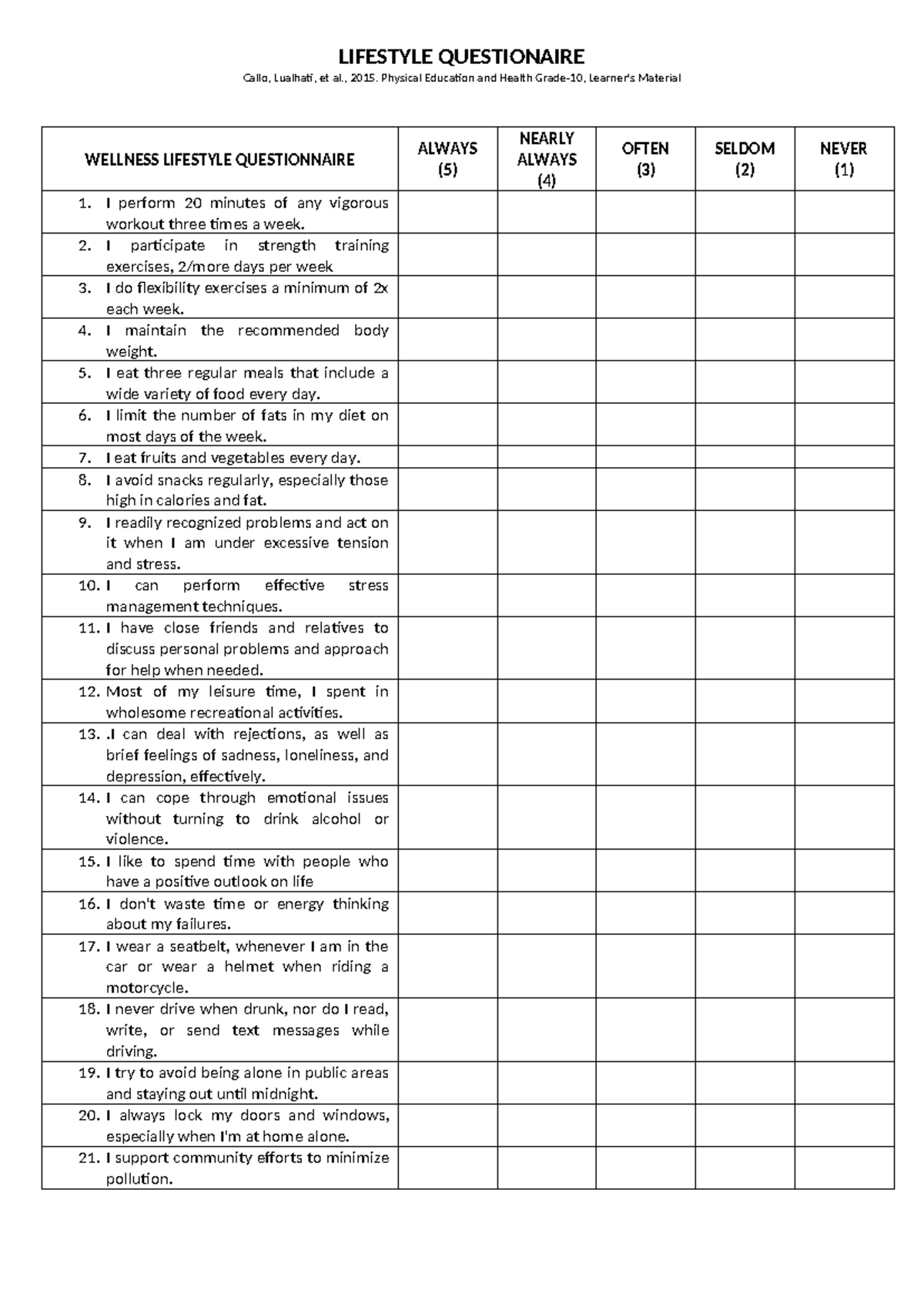 Lifestyle Questionnaire for Physical Education - Grade 10 - Studocu